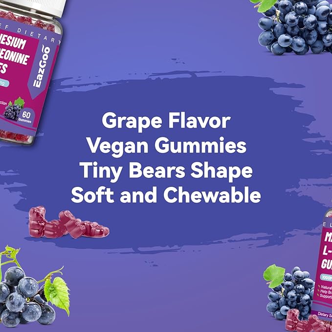 Magnesium Threonine Gummies 1000mg, L-Threonine Gummies for Adults, Best Magnesium Supplements for Brain, Non-GMO, Gluten Free, Vegan, 60 Grape Magnesium Gummies, 30 Day Supply
