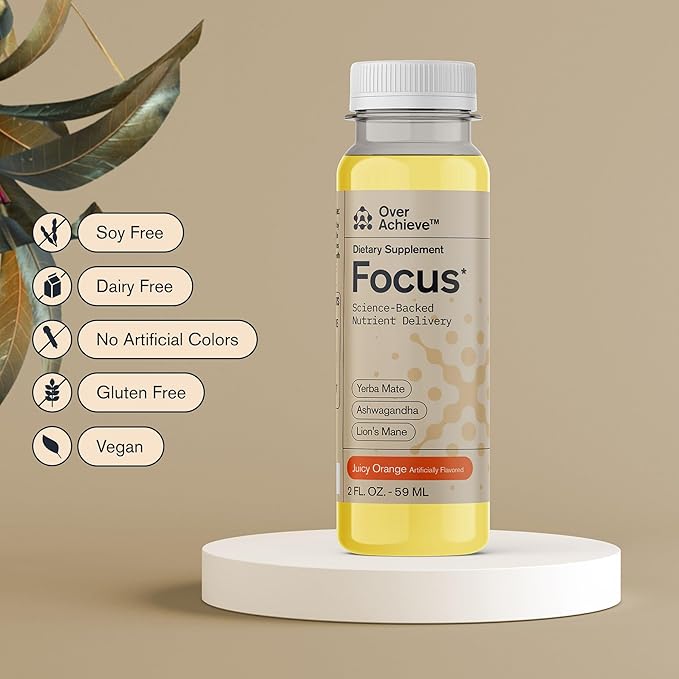 Focus Drink for Concentration- Contains Yerba Mate, Ashwagandha and Lions Mane Mushroom with Advanced Nanoscience Technology - 12 Pack Brain Focus Drink, Orange Flavor, 2oz