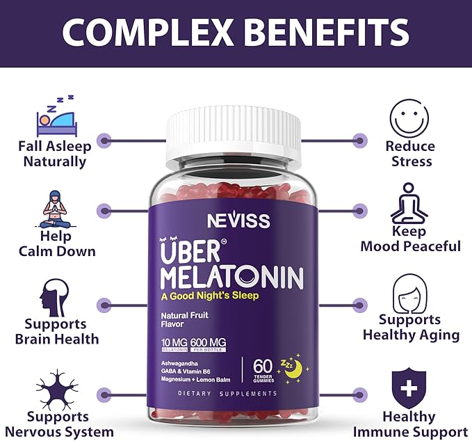 Melatonin Gummies 10mg 20mg for Adults, Melatonin 10 mg per Gummy with Ashwagandha, Magnesium Glycinate, GABA, L-theanine, Valerian Root and Lemon Balm, Rest Support Supplement, Grape Flavor, 60 Cts