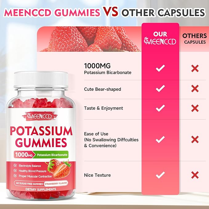Potassium Gummies 1000mg, Potassium Bicarbonate Supplement for Adults & Kids, Potassium Supplement for Electrolyte Balance & Muscle Heath, Sugar-Free, Strawberry Flavor, 60 Count