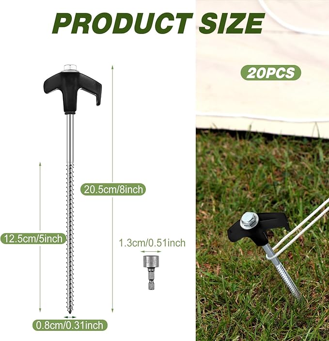 Hicarer 20 Pcs 8'' Screw in Tent Stakes Heavy Duty Ground Anchors Screw in Tent Pegs Ground Stakes Tent Spikes Metal Tent Spikes with Hex Head Driver for Camping Garden Canopies (Black)