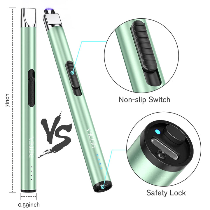 Electric Lighter 2 Pack REIDEA S4 Pro USB Rechargeable Safety Lock with LED Battery Indicator Flameless Windproof Arc Plasma Lighter for Candle, Fireworks (Mint Green)