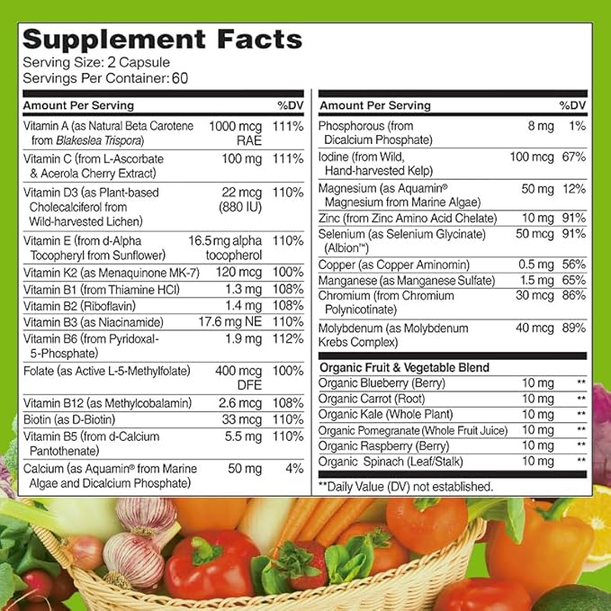 All Natural Multivitamins & Minerals + B Complex + Calcium + Magnesium + Zinc, 100% Vegan Sourced Whole Food Supplement, Complete Nutritional Support for Men & Women- 120 Capsules, 60 Day Supply