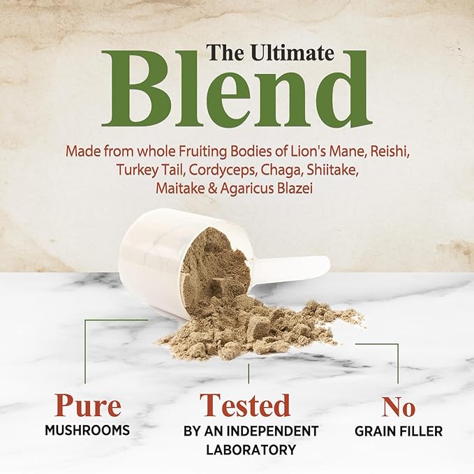 Mushroom Powder - 11 in 1 Complex Mushroom Supplement with Organic Lions Mane, Reishi, Cordyceps, Chaga, Turkey Tail, Maitake Extract for Memory, Brain, Energy, Focus, & Immune Support - 60 Servings