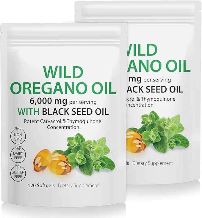 2 Pack Oil of Oregano Softgels, Oregano Oil Capsules, 165mg Carvacrol, 2 in 1 6000mg Oil of Oregano with Black Seed Oil 200mg, Oregano Oil Supplement Capsules