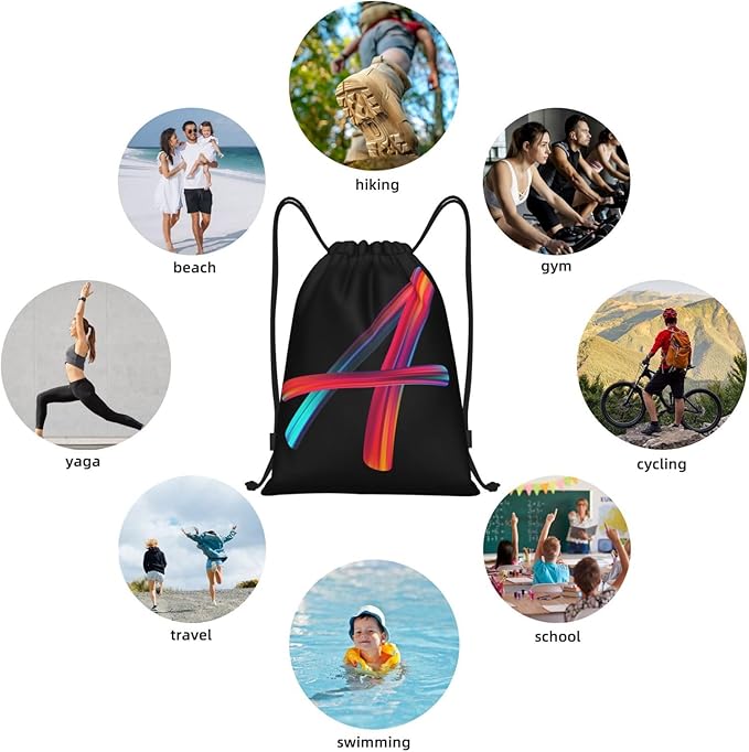 Drawstring Bags Initial Drawstring Backpack Sackpack Black Draw String Cinch Bags for Sports, Gym, Travel, Swimming, Beach, Camping, Rainbow Letter A