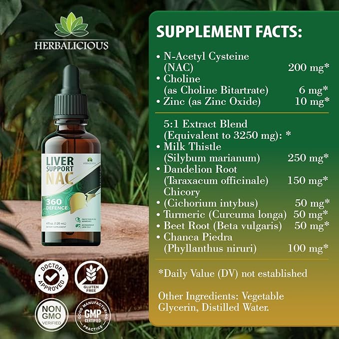 Liver Support NAC 360 Defense – Liquid Liver Health with NAC, Milk Thistle, Dandelion, Chicory, Turmeric, Chanca Piedra, Beet Root & Zinc – Supports Liver Detox, Cleanse & Cellular Health – 4 Fl Oz