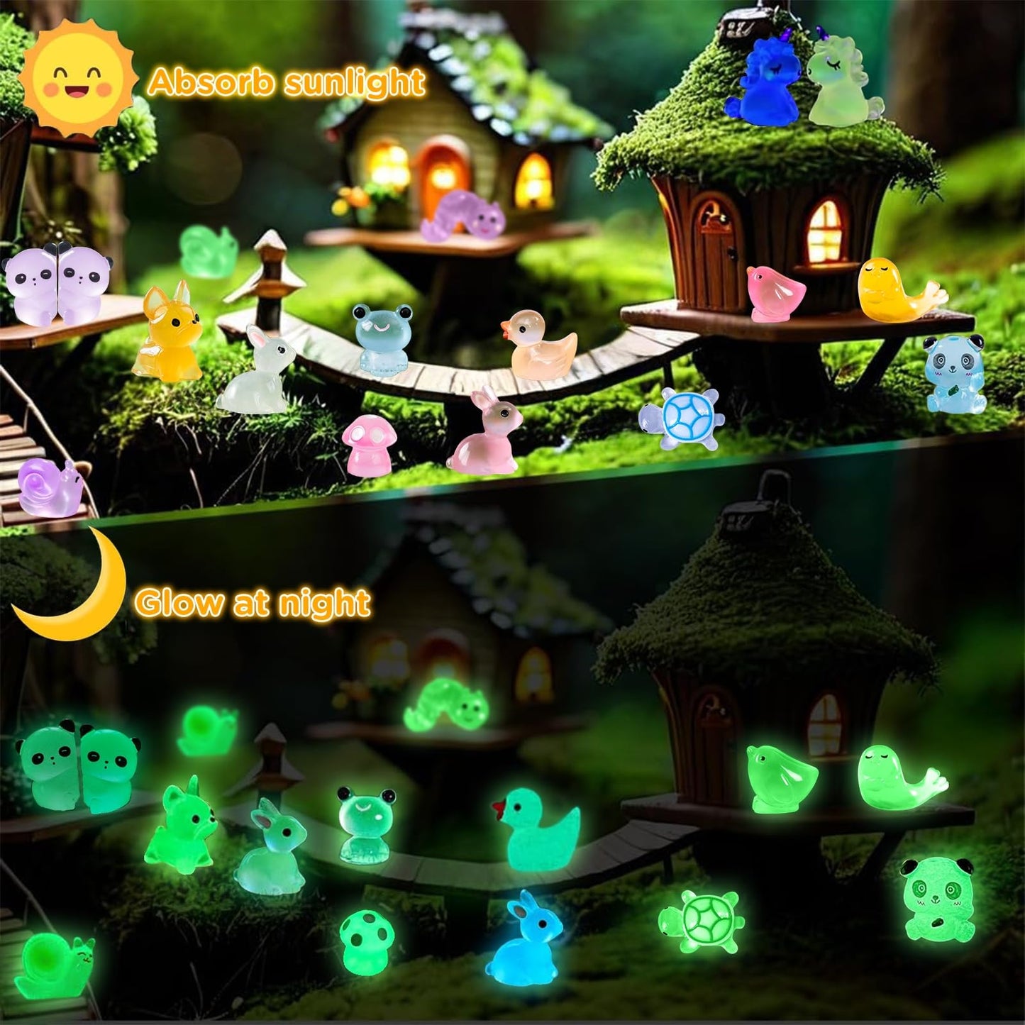 136PCS Mini Luminous Resin Animals, Cute Tiny Small Resin Animals Little Plastic Animal Figurines Small Ducks Bulk Glow in the Dark for Fairy Garden Dollhouse Plant Decorations