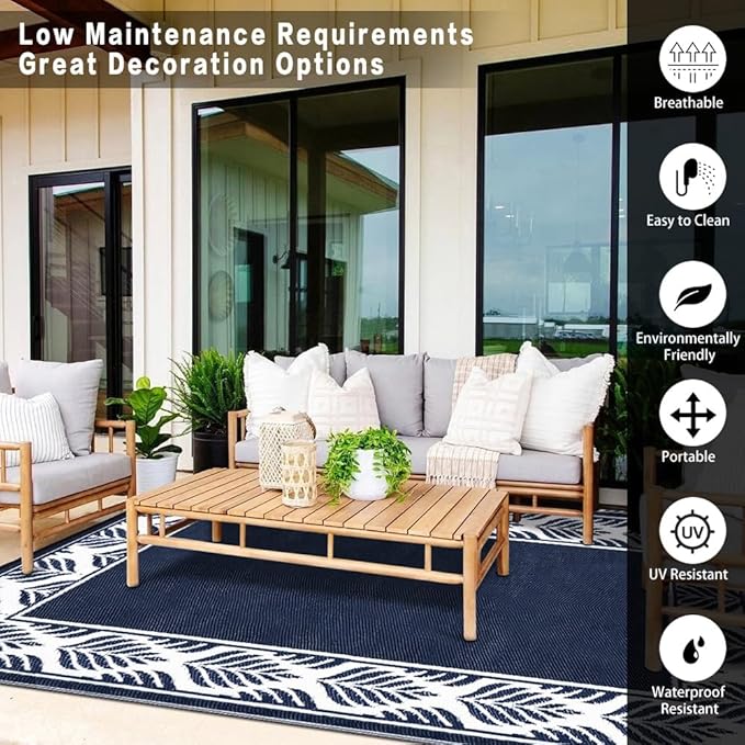 Outdoor Plastic Straw Rug, Waterproof Mat, Washable Large Floor Mat and Rug for Outdoors, RV, Beach, Patio, Camping, Backyard, Deck, Picnic,Indoor Outside (8x10ft,Olive-Leaf/Dark Blue&White)