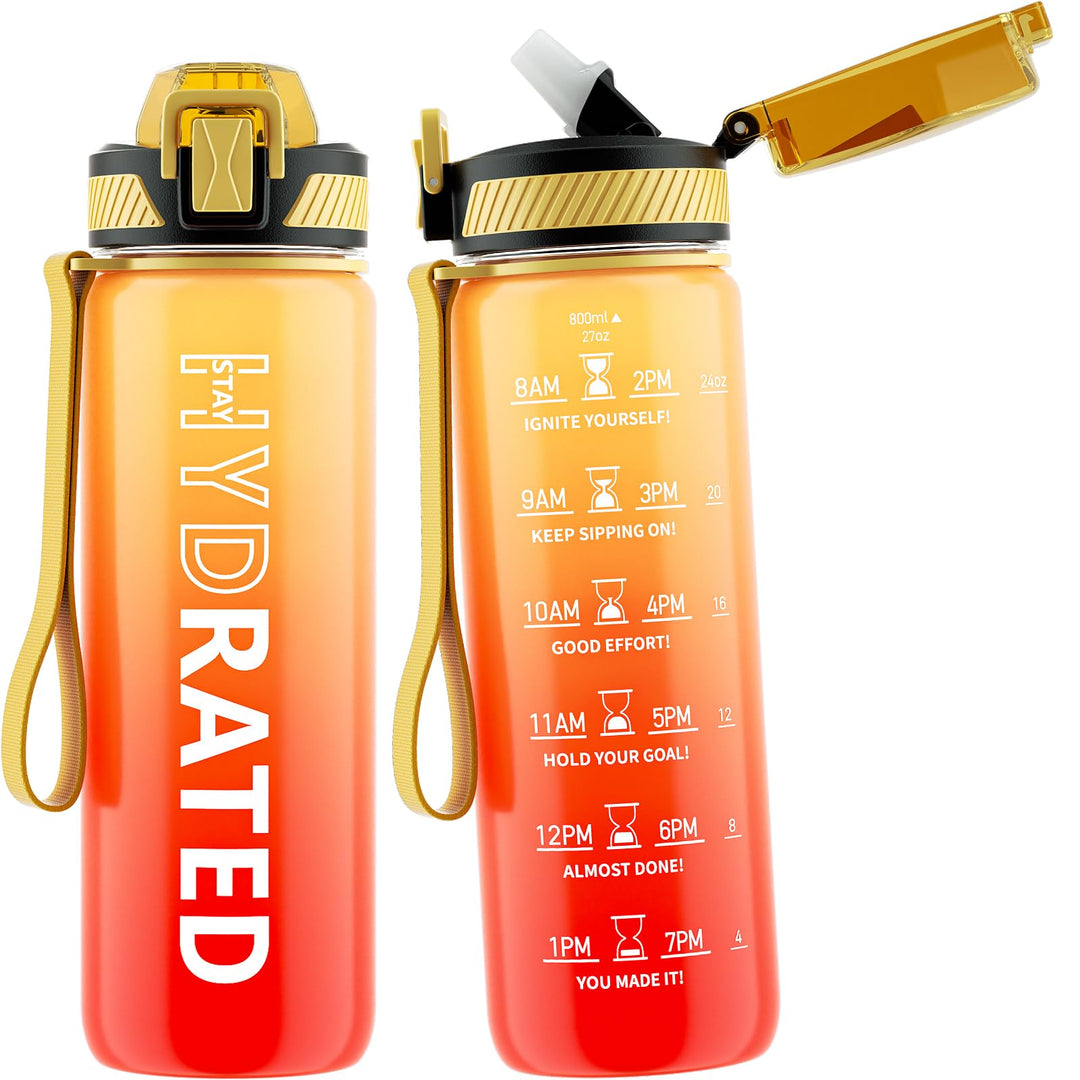 QLUR Water Bottle with Straw, 27 oz Motivational Water Bottles with Time Marker to Drink, Tritan BPA Free, 800ml Sports Water Bottle with Carry Strap LeakProof for School Fitness Outdoor (1Pack)
