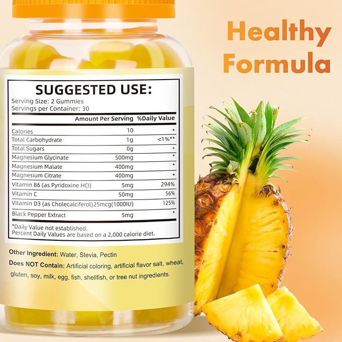 Magnesium Glycinate Gummies 500 Mg, Triple Magnesium Complex Sugar-Free Gummies with Malate 400 Mg, Citrate 400 Mg, Magnesium Supplement Chewable for Women & Men Vegan, Organic 60 Count