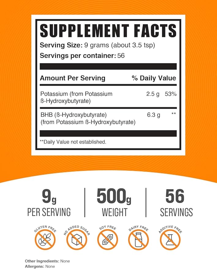 BulkSupplements.com Potassium BHB Powder - Beta-HydroxyButyrate Powder, BHB Supplement - Unflavored & Gluten Free, 9g per Serving, 500g (1.1 lbs) (Pack of 1)