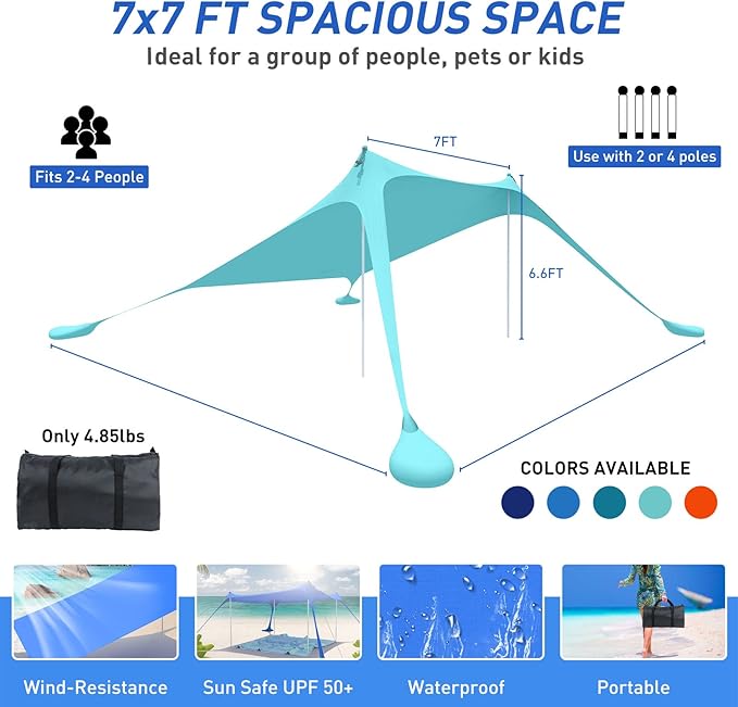Beach Tent Pop Up Shade Canopy Sun Shelter UPF50+ with 2 Stability Poles/Carry Bag/Ground Pegs/Sand Shovel/Windproof Ropes Portable Outdoor Family Sunshade for Beach Camping (Turquoise, 7×7FT)