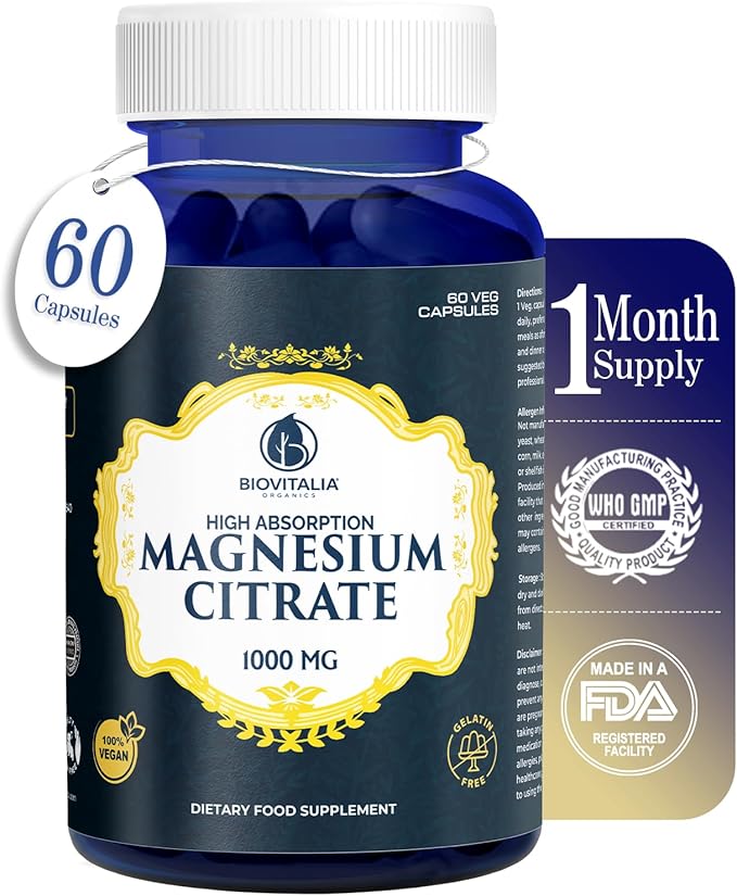 Biovitalia Magnesium Citrate Supplement for Sleep Heart Health Cognitive Health Bone Health Energy Muscles & Metabolism with Premium Magnesium - 60 Vegan 1000mg Capsules