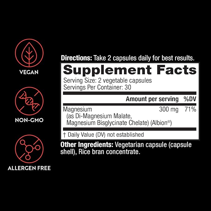 Magnesium Glycinate & Malate Complex | 300 mg | Chelated for Maximum Absorption | Supports Heart Health, Strong Bones, Muscle, Better Sleep | Gluten-Free, Non-GMO, Vegan, 60 Capsules