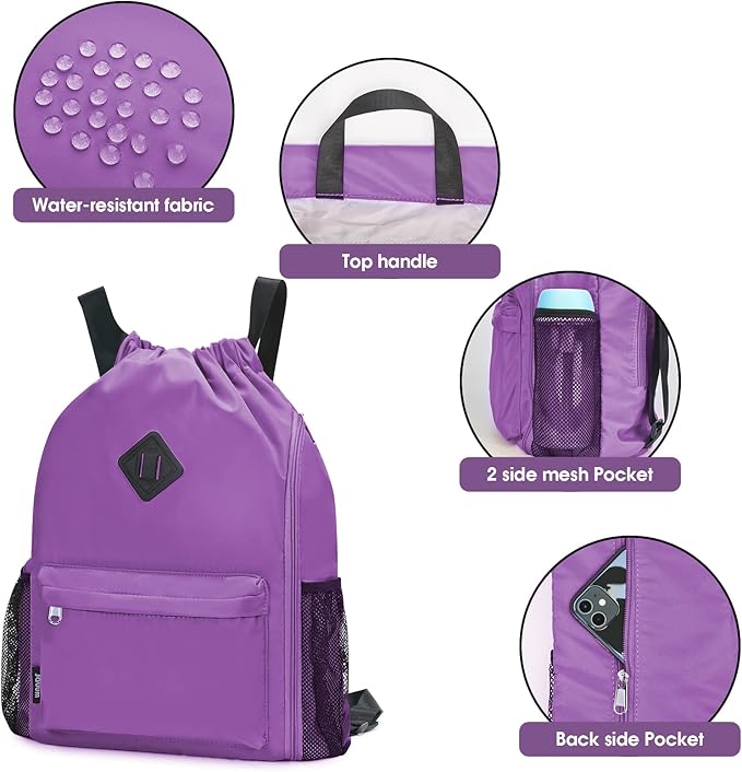WANDF Drawstring Backpack Sports Gym Bag with Shoes Compartment, Water-Resistant String Backpack Cinch for Women Men(Large,Purple)