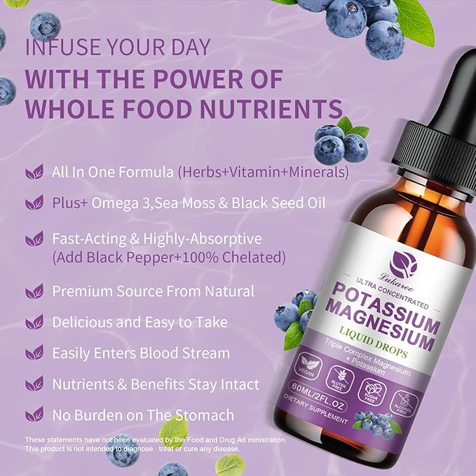 Potassium Magnesium Supplement Liquid w/Triple Complex Magnesium Glycinate & Potassium Plus Omega 3, Sea Moss, Black Seed, D3K2 & Calcium for Zzz, Leg Cramps & Muscle-2 FL OZ Drop