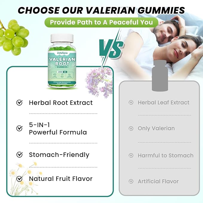 Organic Valerian Root Gummies, Natural Calm to Help Relaxation, Herbal Supplement for Mood Support, Melatonin Free, Non-GMO, Gluten Free, Vegan, Green Grape Flavor, 60 Count