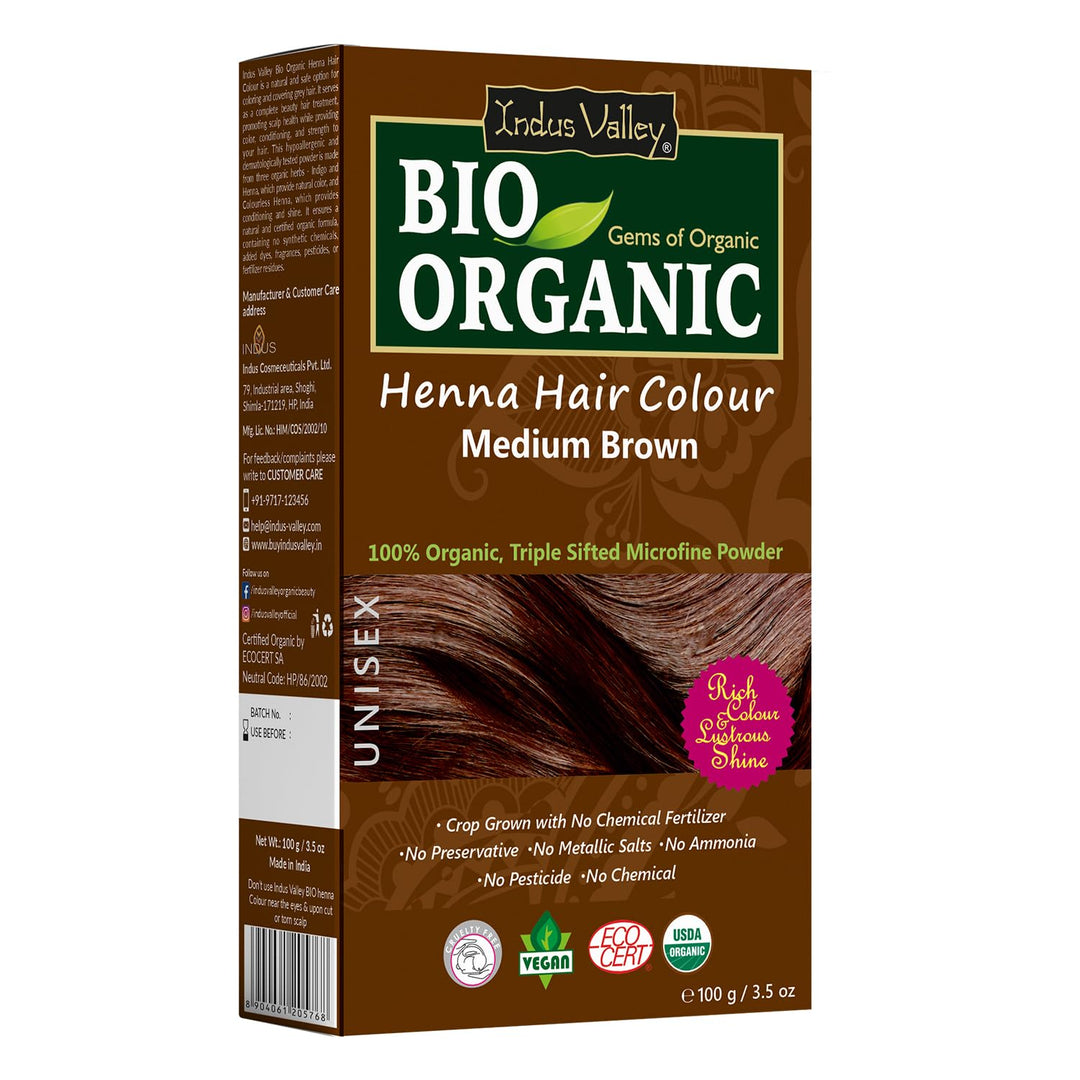 Indus Valley Bio Organic Natural Henna Hair Color Medium Brown 100gm| Natural Hair Colour, 100% Gray Hair Coverage And Long Lasting Hair Dye | Henna Powder Vegan and Cruelty-Free