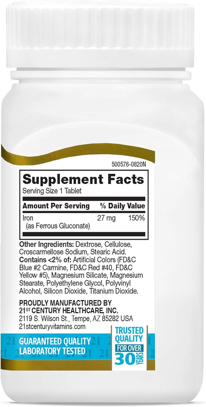 21st Century Iron 27 Mg Ferrous Gluconate Tablets, 110Count