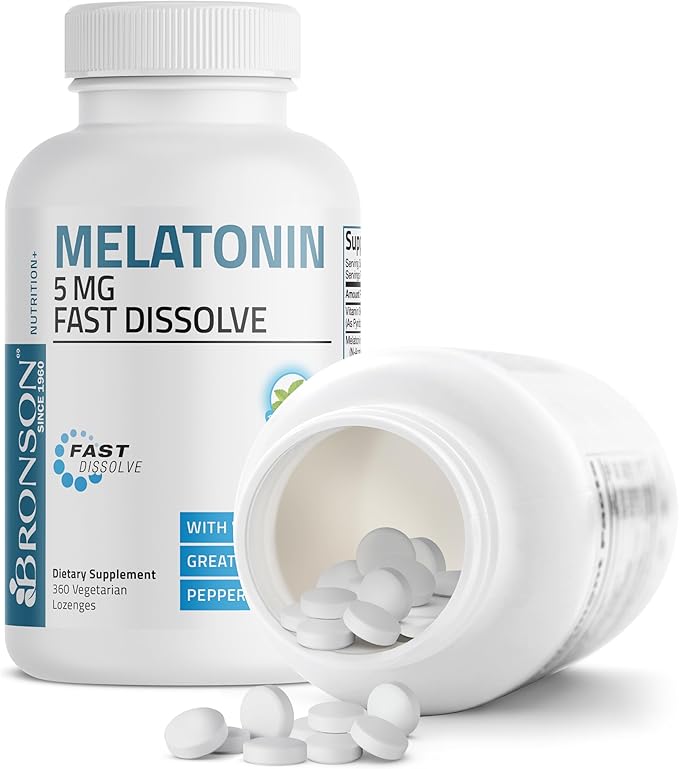 Bronson Melatonin 5mg Fast Dissolve Peppermint Tablets with Vitamin B6 - Promotes Relaxation, 360 Vegetarian Chewable Lozenges