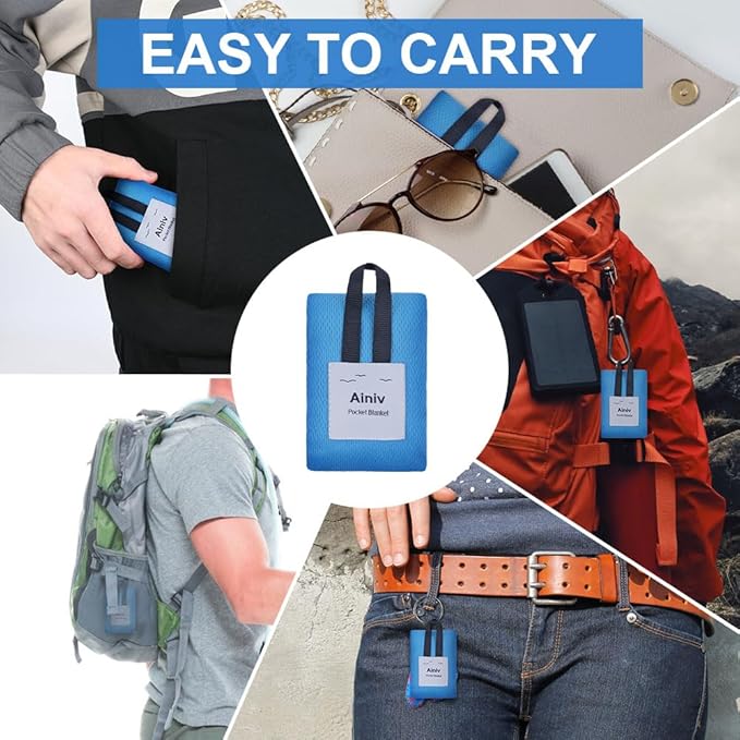 Picnic Blanket, Mini Pocket Beach Mat 27.5 x 43.3IN (1-2 People) Foldable, Lightweight Waterproof Sand Free, Foldable Thin Ground Sheet for Outdoor Camping Hiking Travel - with Hand Strap