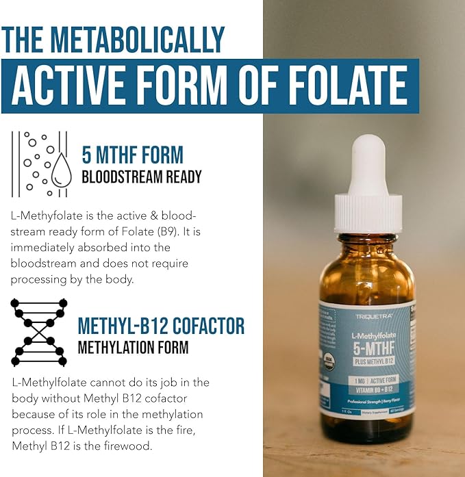 Organic Methyl Folate 1000 mcg + Methyl B12 Cofactor (300 Servings) – Metabolically Active 5-MTHF Form, Organic Berry Flavor, Liquid Sublingual Form – Mood, Cognition, Methylation, Pregnancy (1oz)