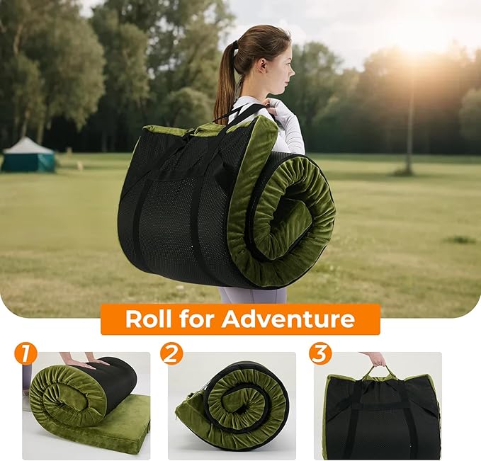 BDEUS Memory Foam Camping Mattress Pad 3inch Waterproof Roll Up Bed Sleeping Mat for Adults Portable Roll Up Mattress for Travel Guest Floor Bed Cot Mattress for Car, Tent