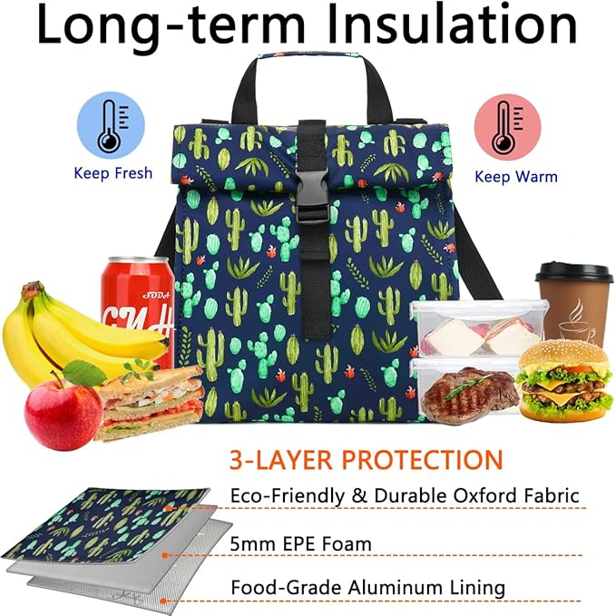 Cactus Unisex Thermal Lunch Bag, 8.8" x 6" x 9" - Oxford Fabric, BPA Free, Adjustable Shoulder Strap, 330ml Capacity