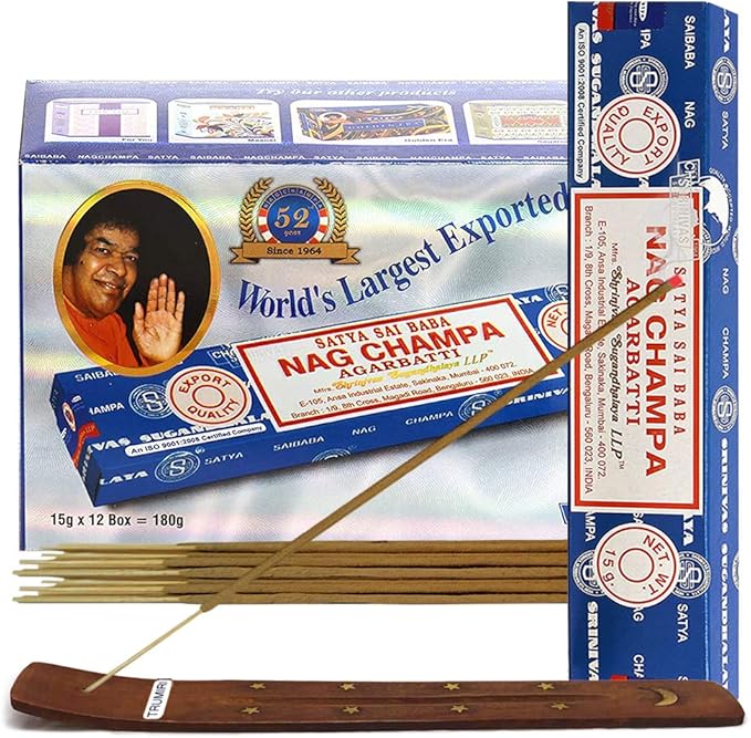 Nag Champa Incense Sticks 15g x 12 and Incense Stick Holder Bundle Insence Insense Satya Incense