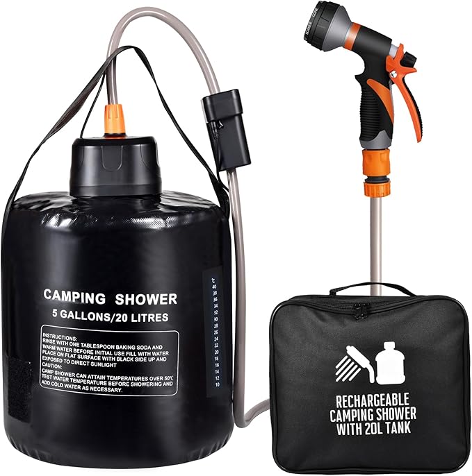 5 gallon/20L Water Bag,Portable Outdoor Camping Shower,Sun Heating,Electric Shower,8 Spray Modes,with Built-in Thermometer,Suitable for Hiking/Backpacking,Camping,Travel,Beach,Pets,Flowers