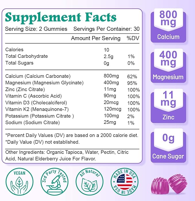 High Absorption Calcium Gummies, Sugar Free Calcium Magnesium Supplement with Potassium Vitamin D3 for B0ne & Teeth Strength, Muscle Function - Vegan, Elderberry Flavor 60 Cts