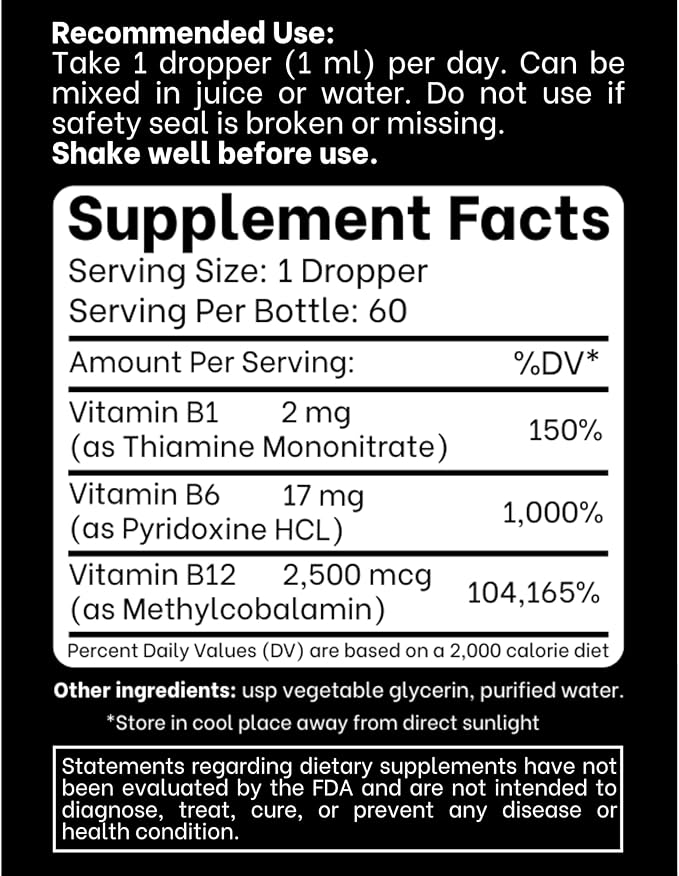 B1 B6 B12 Vitamin Liquid Drops - Nerve, Energy, Brain Support Supplement - Fruity-Like Flavor - Methylcobalamin, Thiamine, Pyridoxine - 60 Day Supply - 2 oz - for Men and Women - Simply Made