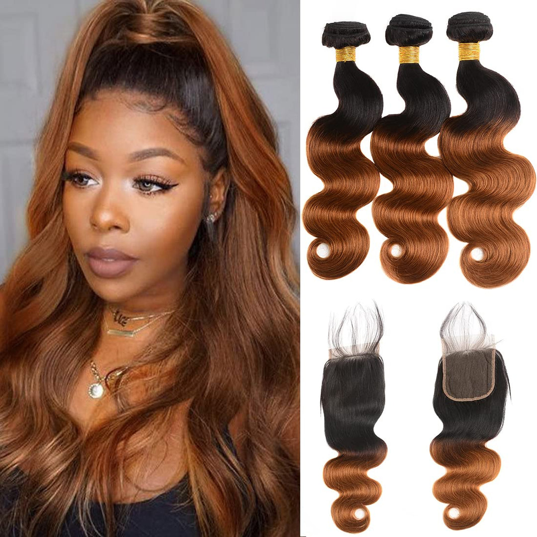 Ombre Human Hair 3 Bundles With 4x4 Lace Closure 1B/30 Two-tone Ombre Brown Body Wave Bundles with Closure Brazilian Virgin Human Hair Extensions For Women (T1B/30,12 14 16 +10)
