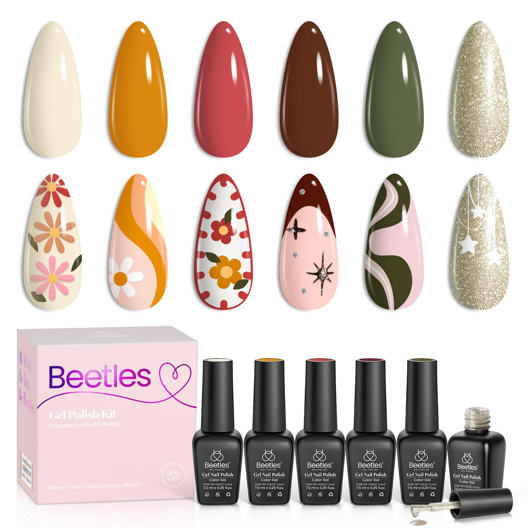 Beetles Gel Polish 6 Colors Gel Polish Set, White Glitter Green Gel Nail Polish, Soak Off Uv Led Nail Art Design, Holiday Nail A