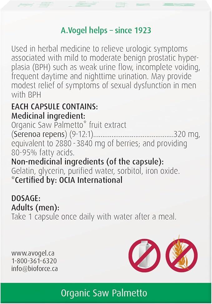 A. Vogel Prostate 1 - Organic Saw Palmetto Prostate Support Supplement - 85 Percent Fatty Acids - Clinically Proven Efficacy (60 capsules)
