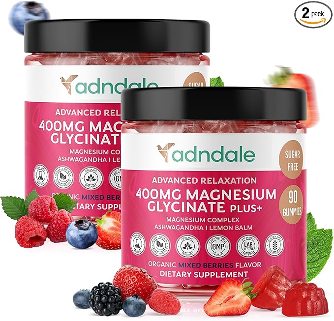 180 CT Magnesium Glycinate Gummies 400 mg/Serv - with Ashwagandha, Magnesium Malate & Taurate - Sugar Free Chews for Adults & Kids Relaxation, Stress Relief, Night Rest, Muscle & Cardio Support