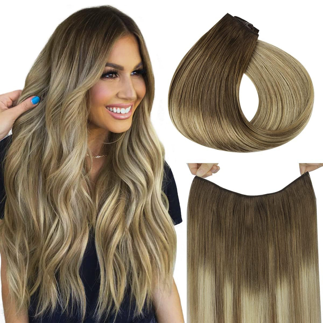 Hotbanana Wire Hair Extensions, 20 Inch 110G Walnut Brown To Ash Brown And Bleach Blonde Fish Line Hair Extensions Real Human Ha