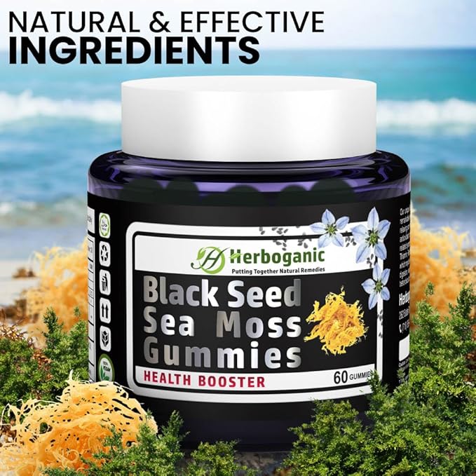 Black Seed Sea Moss Gummies - Natural Dietary and Herbal Supplement for Skin and Energy Support with Sea Moss, Boost Immune System - 60 Gummies