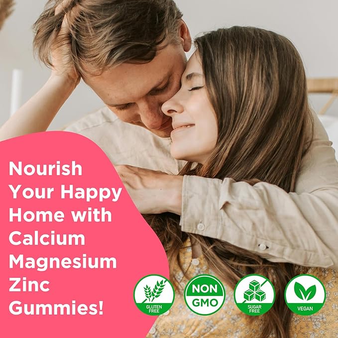 Calcium Magnesium Zinc Gummies with Vitamin D3, Sugar Free Calcium Gummies for Women Men, High Potency Magnesium Gummies for Bone & Muscle & Immune Health, Raspberry Flavor - 60 Count