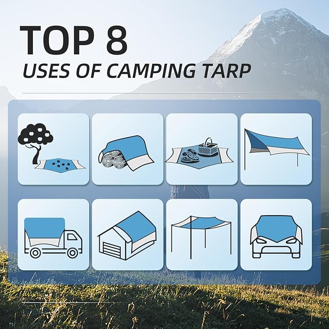 12X14FT Camping Tarp with 2 Poles, UV UPF50+ Lightweight Car Awning Sun Shelter, PU3000 Waterproof Tarp for Camping, Hiking and Backpacking Trips