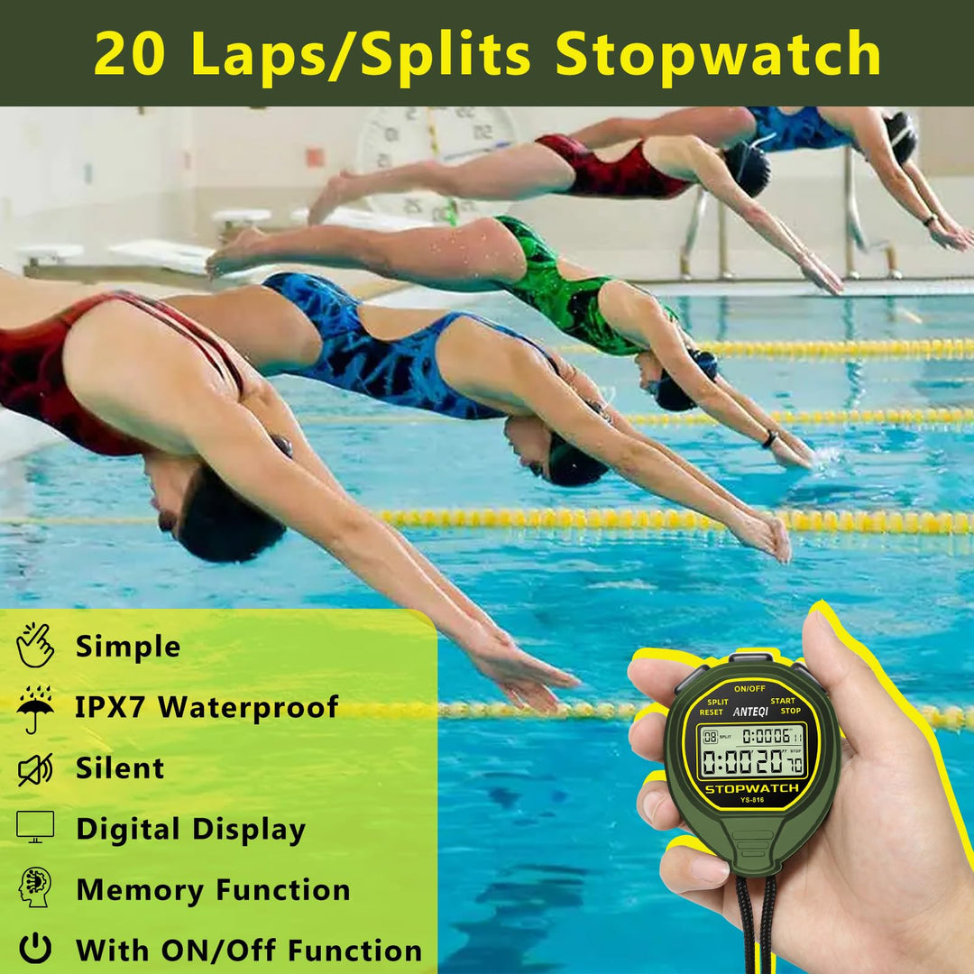 20 Laps Memory Stopwatch Waterproof, ON/Off Function Digital Simple Stopwatch Timer, No Clock No Calendar No Alarm, Silent Stop Watch for Sports Coaches Swimming Running, Green