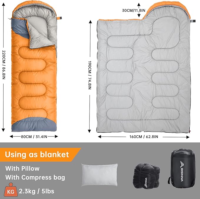 BISINNA 0 Degree Winter Sleeping Bags(480GSM) for Adults-Cold Weather Camping Sleeping Bag-Comfortable Warm Portable Sleeping Bags with Pillow Compression Sack for Backpacking Hiking Outdoor