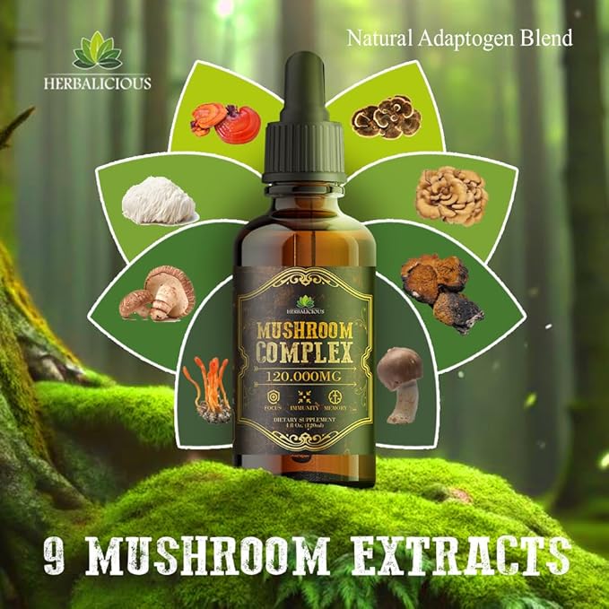 Mushroom Complex Supplement – 8 Mushroom Blend for Focus, Memory & Immune Support – High Potency 120,000mg Mushroom Supplement with Lion’s Mane, Reishi, Cordyceps, Chaga – 4 fl oz
