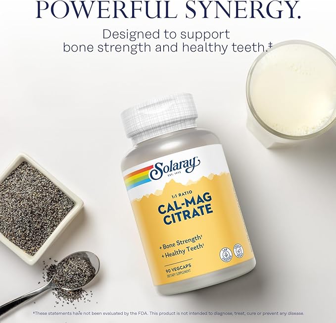 Solaray Calcium Magnesium Citrate 1000mg 1:1 Ratio, Bone Strength Supplement, Muscle, Nervous System and Bone Health Support, Chelated for High Absorption, Gentle Digestion, 15 Servings, 90 VegCaps
