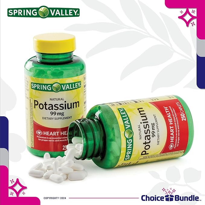 Spring Valley Potassium Heart Health Dietary Supplement Caplets 99 mg 250 CT 3 pk (750 Total) + “Vitamin Vitality” Guide & Keychain Pill Container (5 Items)!
