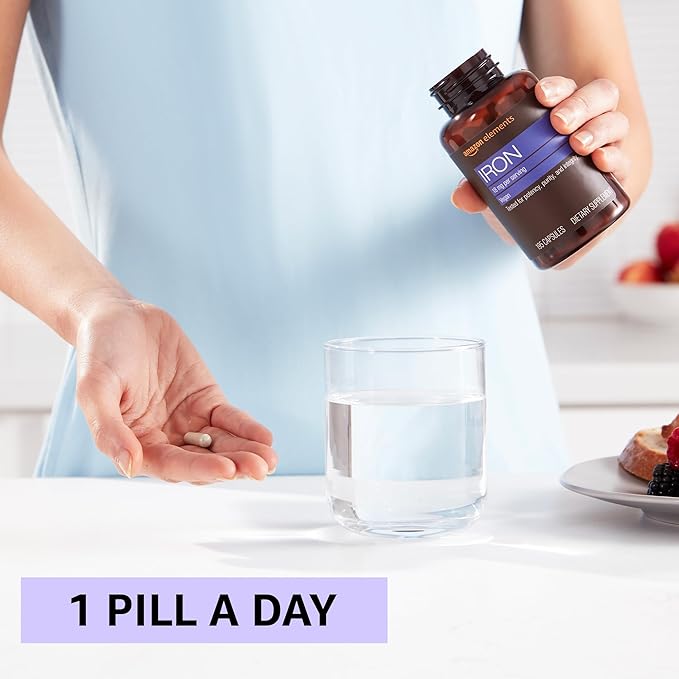 Amazon Elements Iron 18mg Capsules, Supports Red Blood Cell Production, Vegan, 195 Count, 6 month supply (Packaging may vary)