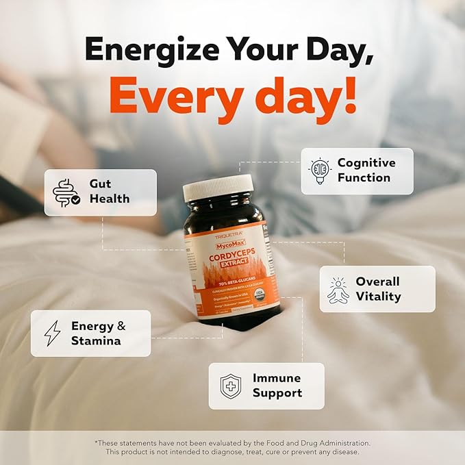 Organic Cordyceps Mushroom Extract - 70% Beta Glucans - Highest Active Nutrient Levels, Max Potency Cordyceps Capsules, US Grown + Ultrasonic Extraction - Performance, Immunity & Energy - 60 Capsules