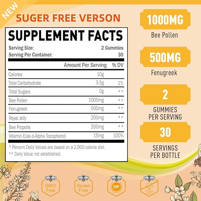 Bee Pollen 1000mg Sugar Free Gummies for Breast Growth, w/Fenugreek, Royal Jelly, Propolis, Organic Bee Pollen Supplement for Women, Rich in Vitamin E, Strengthen Immunity & Skin Care, 60 Counts