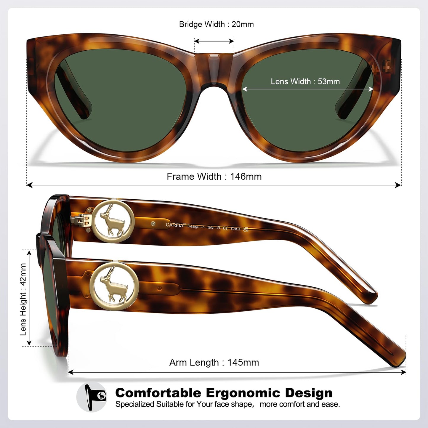 CARFIA Stylish Women's Cat-Eye Polarised Sunglasses Elegant Style for Ladies with Distinctive Antelope Logo in Italian Acetate Frame